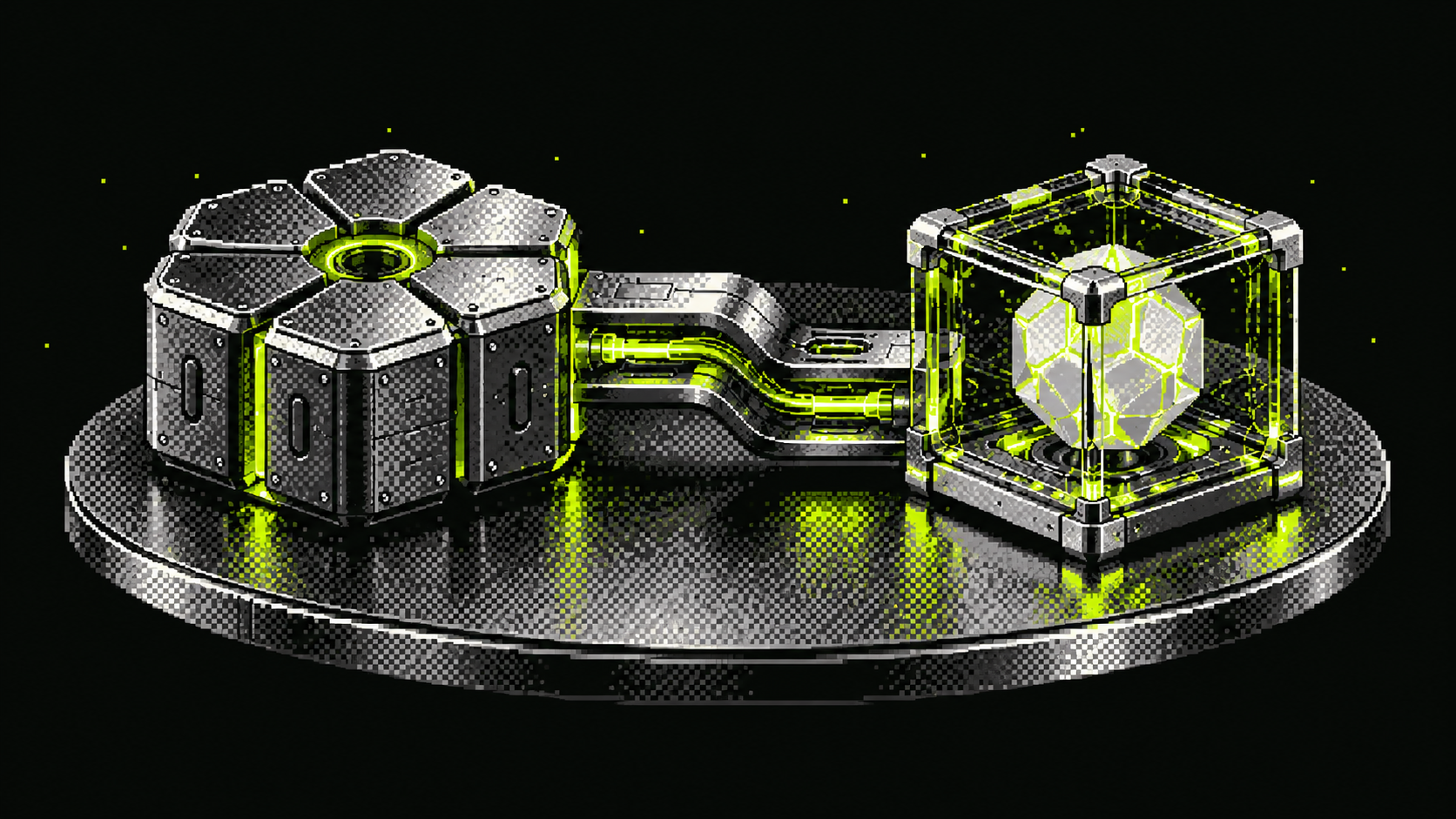Pixel-art vault with traveling lime signals and light moving across the intact crystal facets